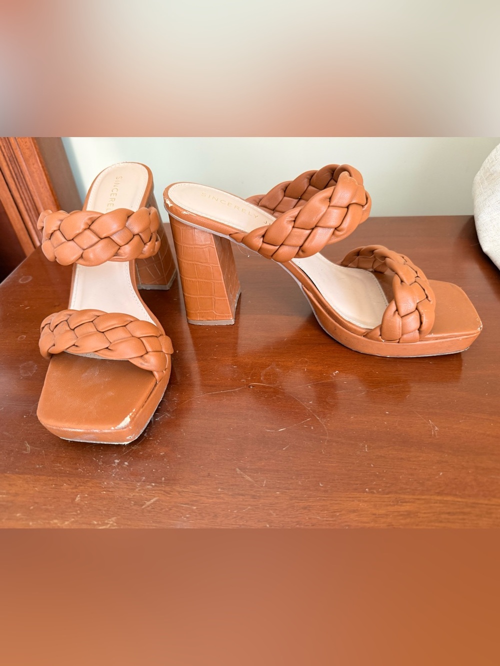 Sincerely Jules Tan Braided Block Heel Mules
